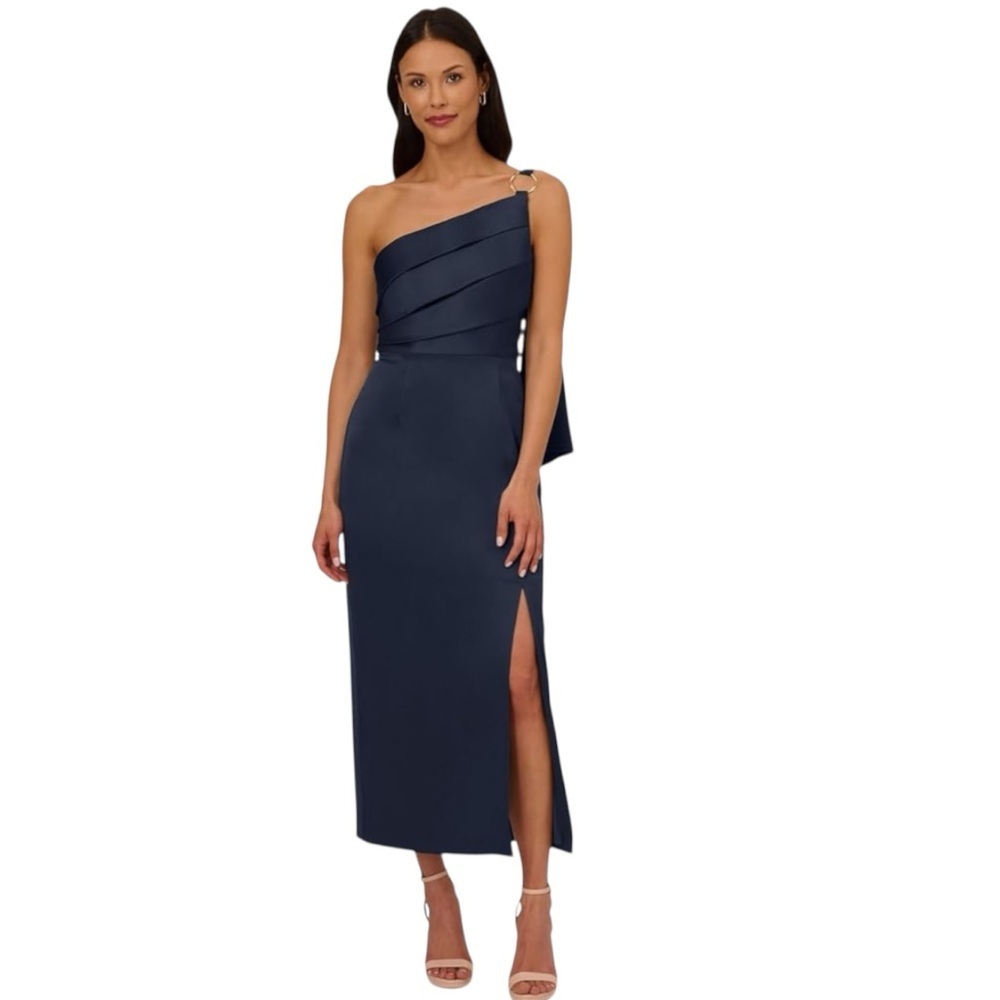 NWT ADRIANNA PAPELL Dark Navy One Shoulder Pleated Bodice Lined Dress Size 10 - Picture 3 of 6